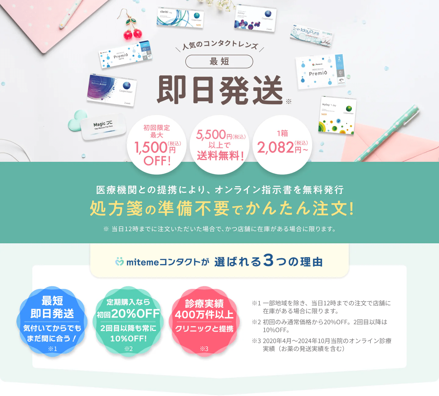 mitemeコンタクト 選ばれる3つの理由 最短即日発送 すぐ届く 定期購入なら初回20%Off 診療実績200万件以上