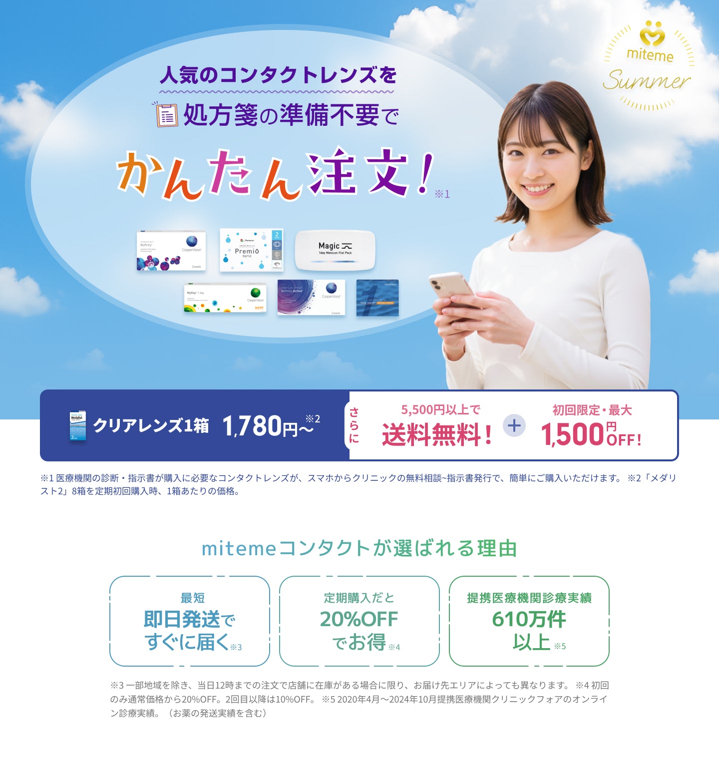 mitemeコンタクト 選ばれる3つの理由 最短即日発送 すぐ届く 定期購入なら初回20%Off 診療実績200万件以上