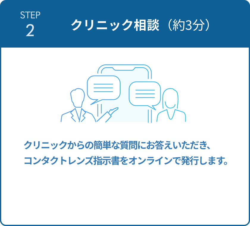 STEP2 クリニック相談(約3分) クリニックからの簡単な質問にお答えいただき、コンタクトレンズ指示書をオンラインで発行します。