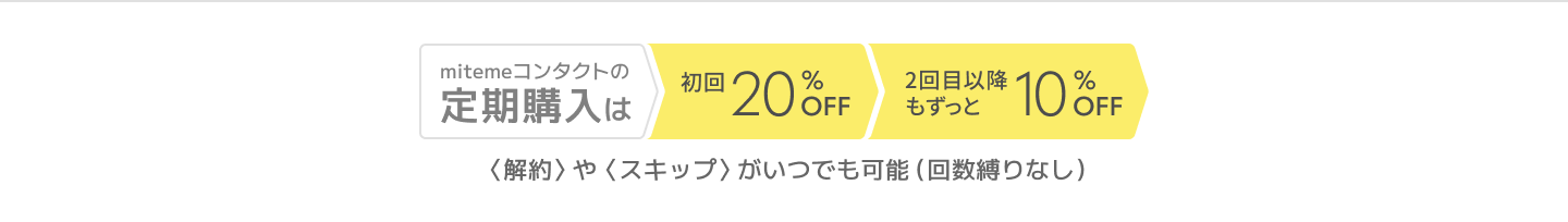 mitemeコンタクトの敵購入は 初回20%OFF 2回目以降もずっと10%OFF 解約やスキップがいつでも可能(回数縛りなし)
