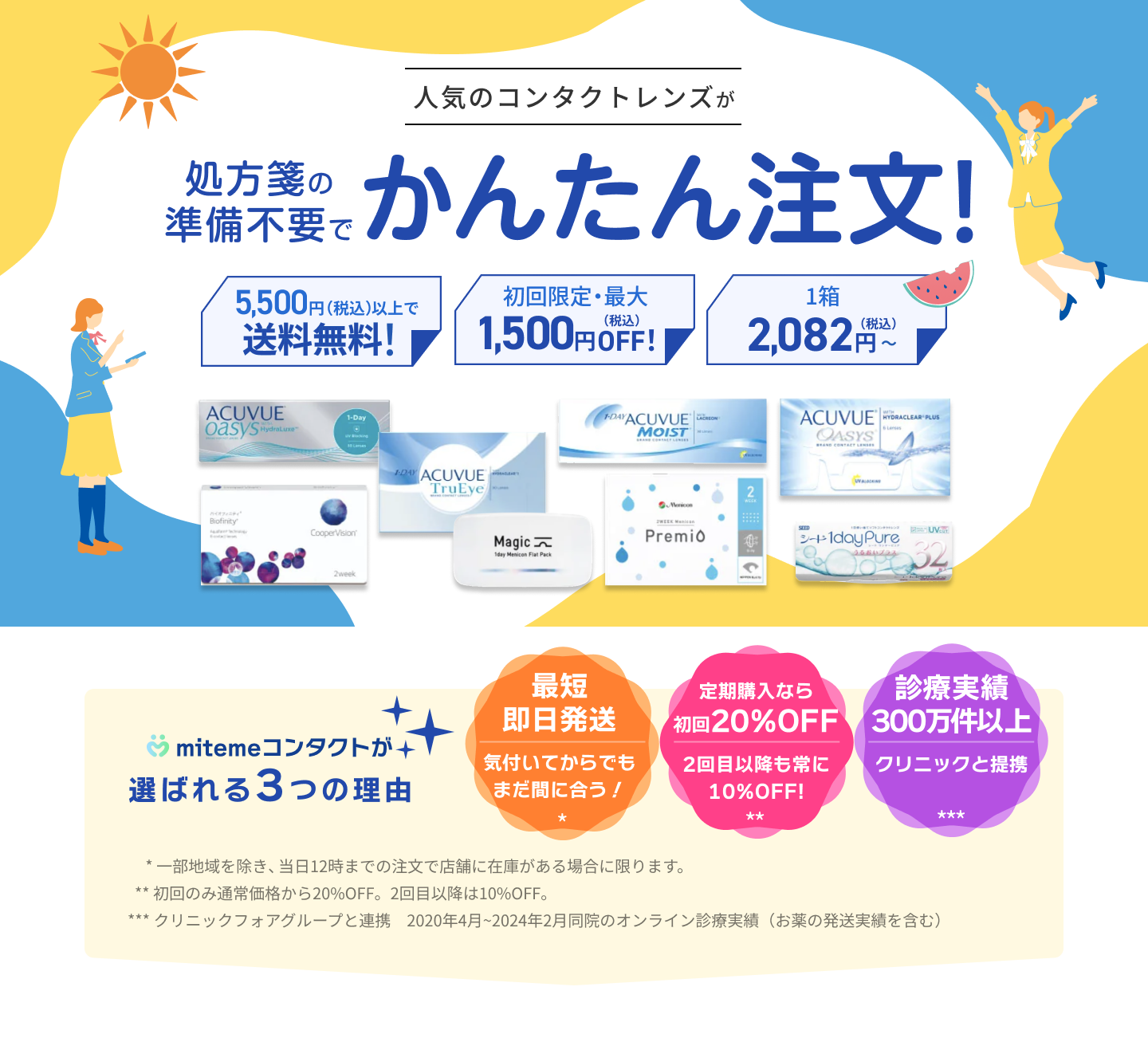 mitemeコンタクト 選ばれる３つの理由 最短即日発送　すぐ届く　定期購入なら初回20%Off 診療実績200万件以上