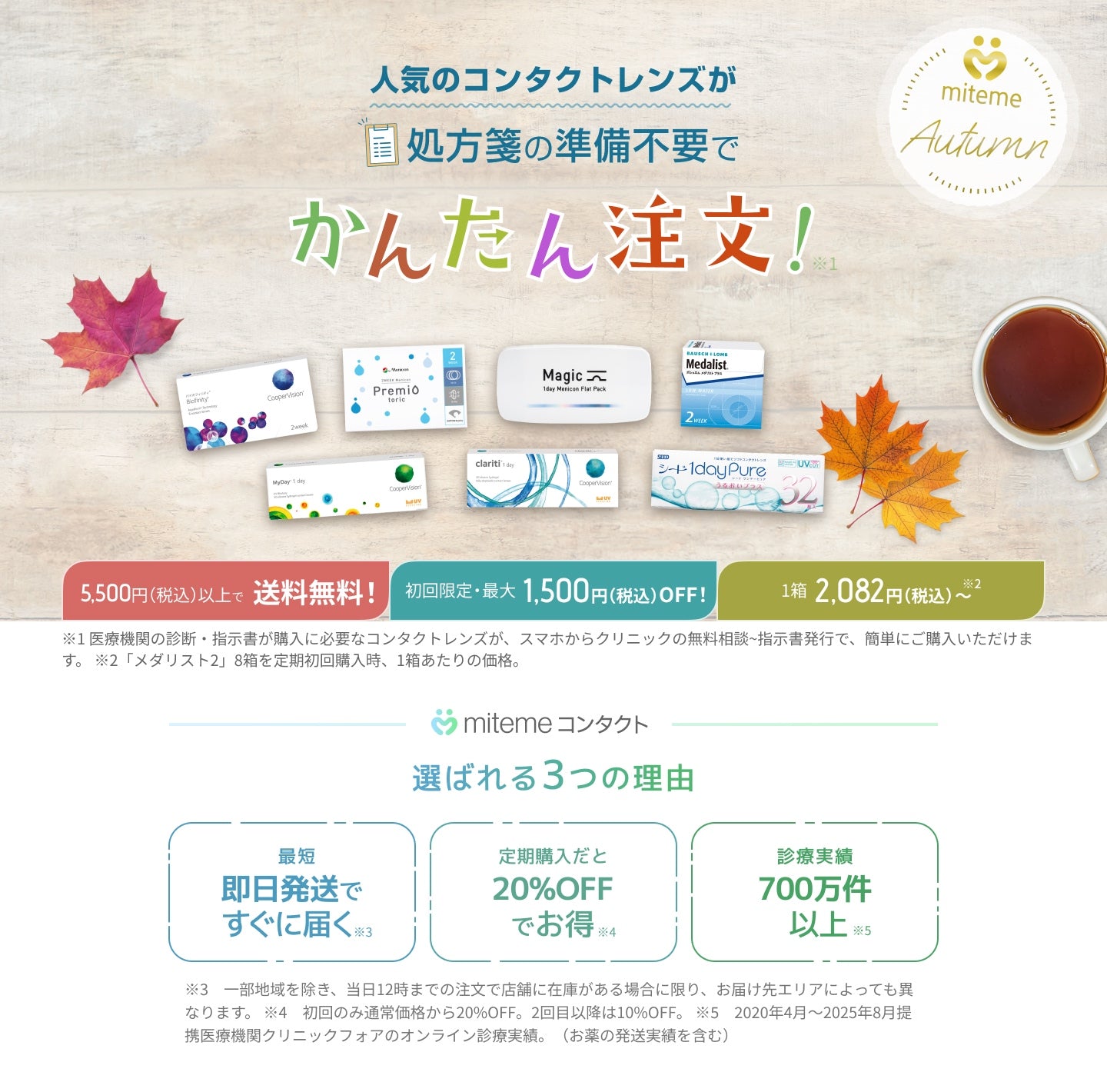 mitemeコンタクト 選ばれる3つの理由 最短即日発送 すぐ届く 定期購入なら初回20%Off 診療実績200万件以上