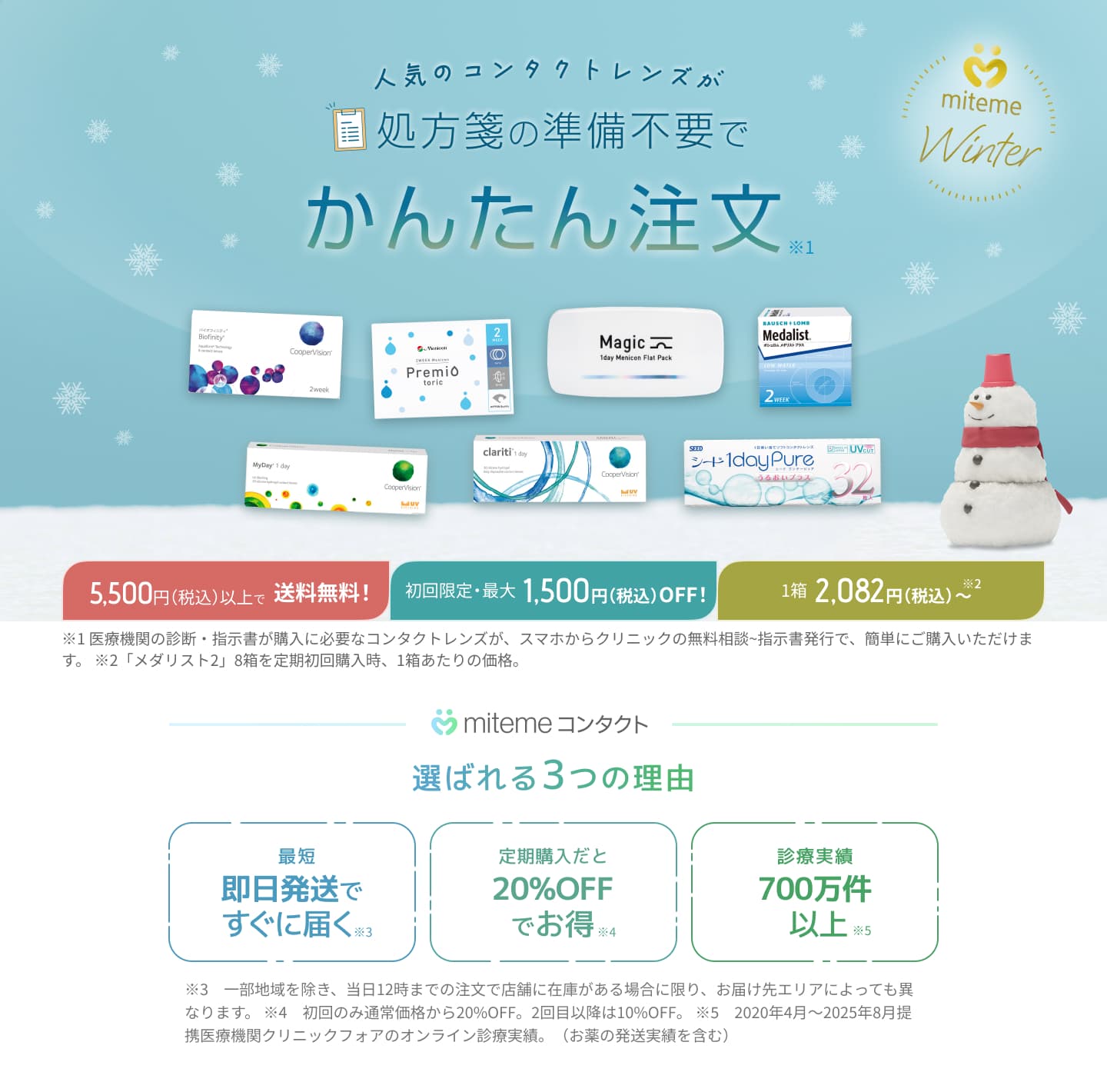 mitemeコンタクト 選ばれる３つの理由 最短即日発送　すぐ届く　定期購入なら初回20%Off 診療実績200万件以上