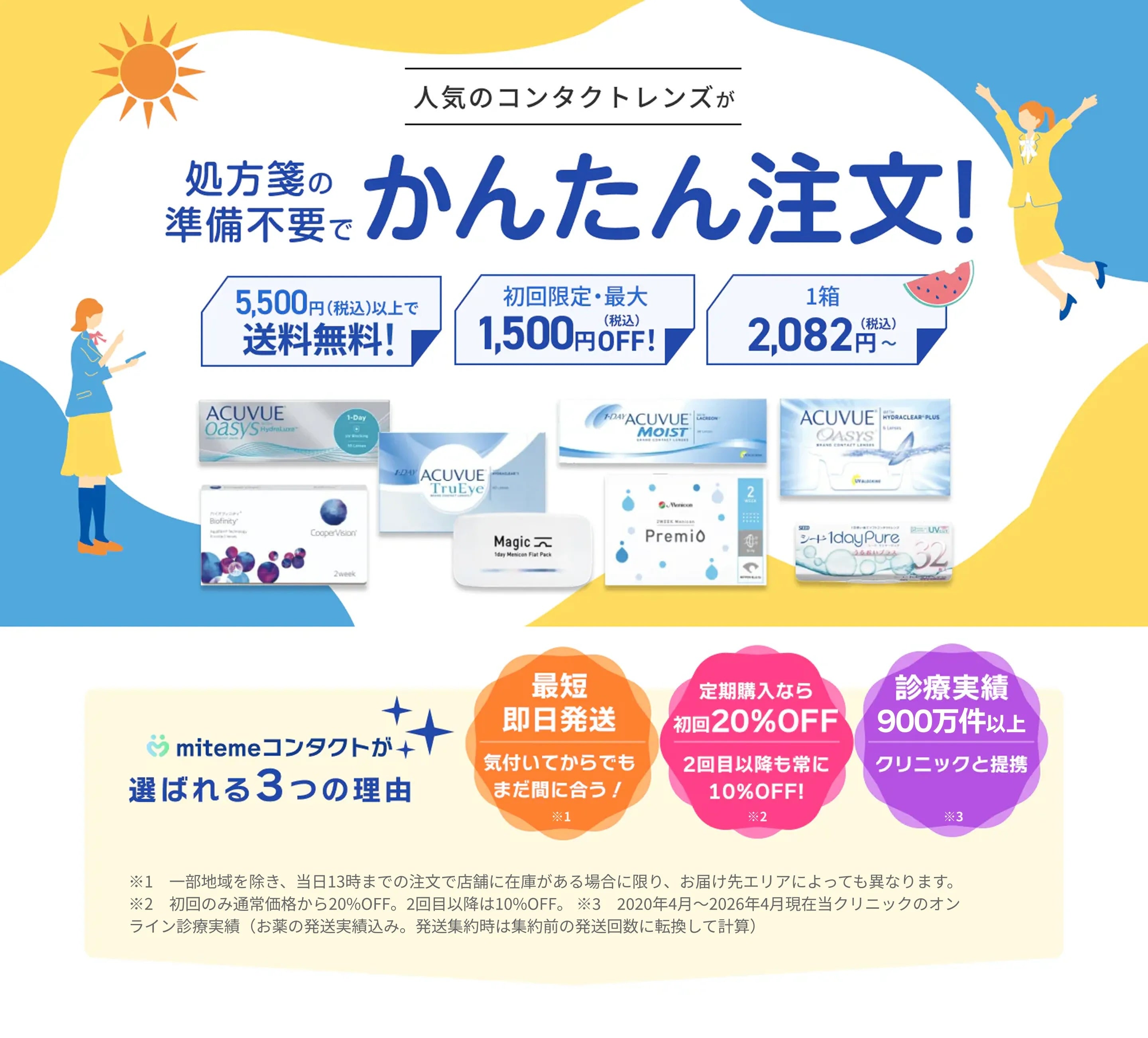 mitemeコンタクト 選ばれる３つの理由 最短即日発送　すぐ届く　定期購入なら初回20%Off 診療実績200万件以上